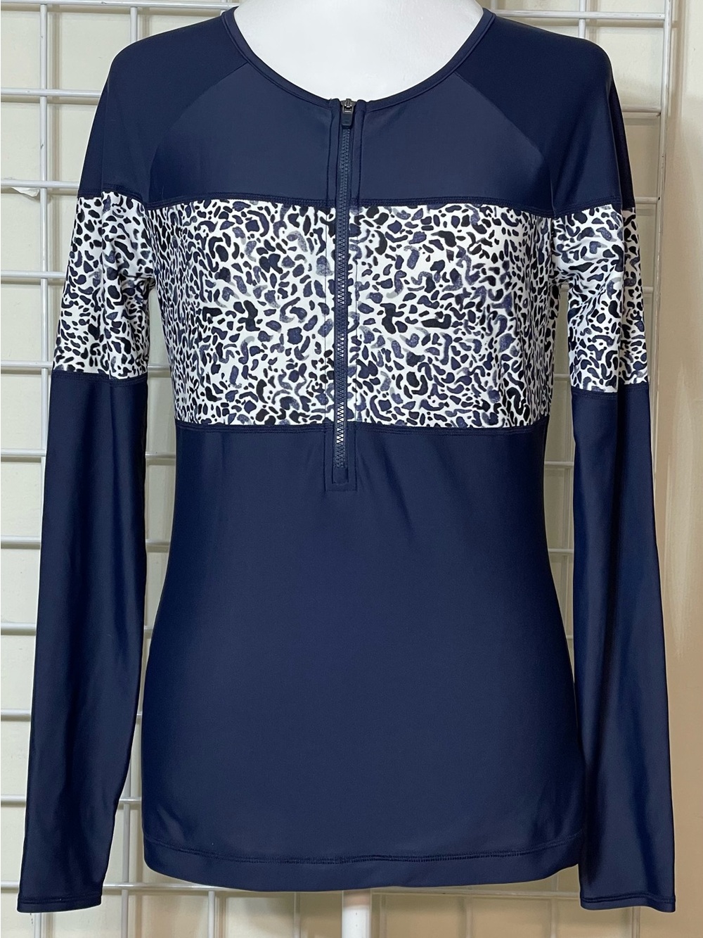 Athleta Navy with White Leopard Print Long-Sleeve Quarter Zip Top Size Small